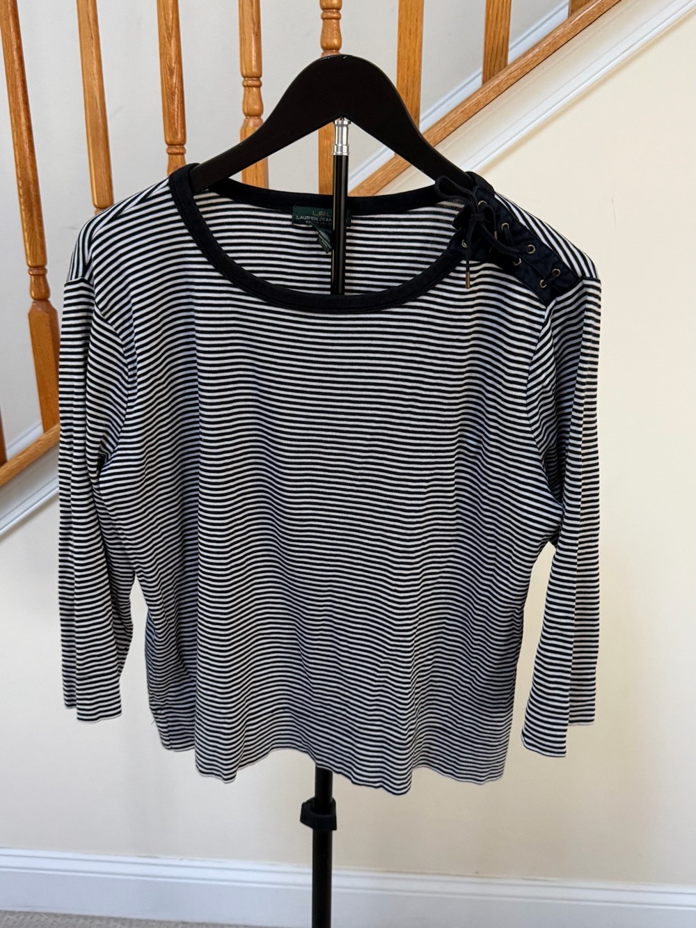 Lauren Ralph Lauren Navy and White Striped Lace-Up Shoulder Long Sleeve Top
